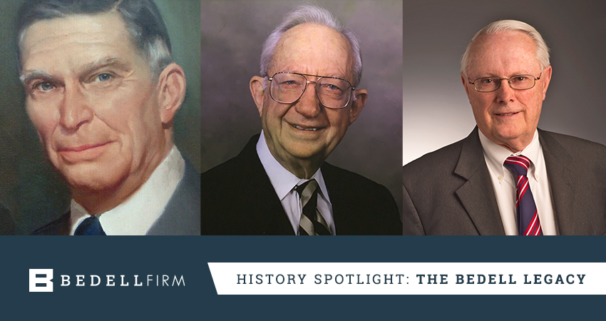 Portraits of all leaders of the Bedell Firm over the years. Text: History Spotlight: The Bedell Legacy