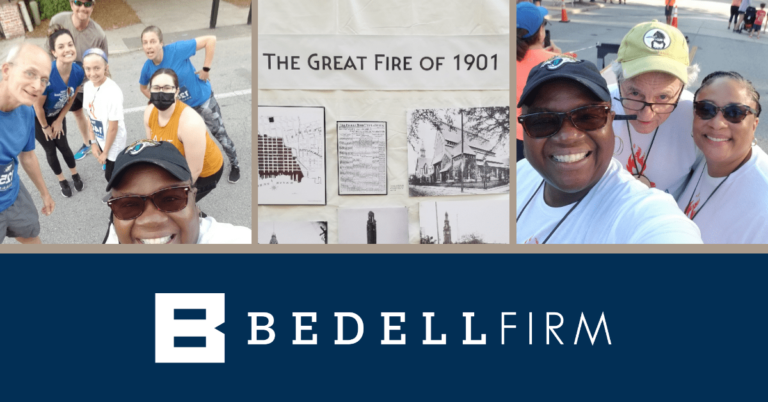 A collage of Bedell firm members smiling at the Great Fire Run. A white bedell firm logo against a blue background at the bottom