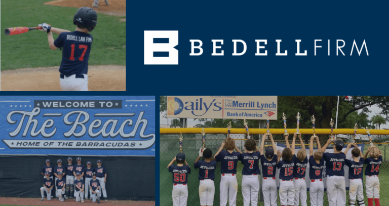 A collage of images of the Jax Beach Sandlot and NOL Red Sox little league teams sponsored by the Bedell Firm. The Bedell Firm logo against a blue background